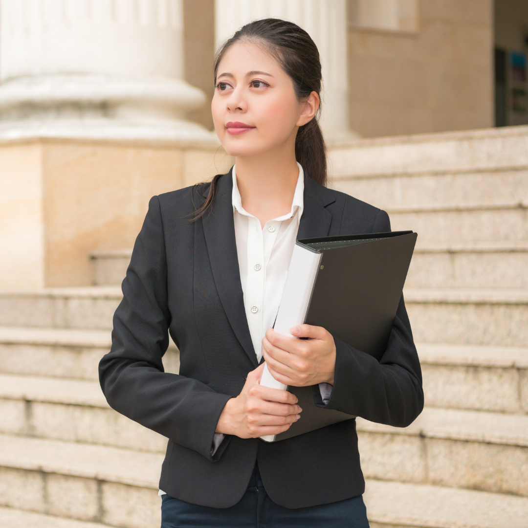 Woman on Massachusetts courthouse steps.