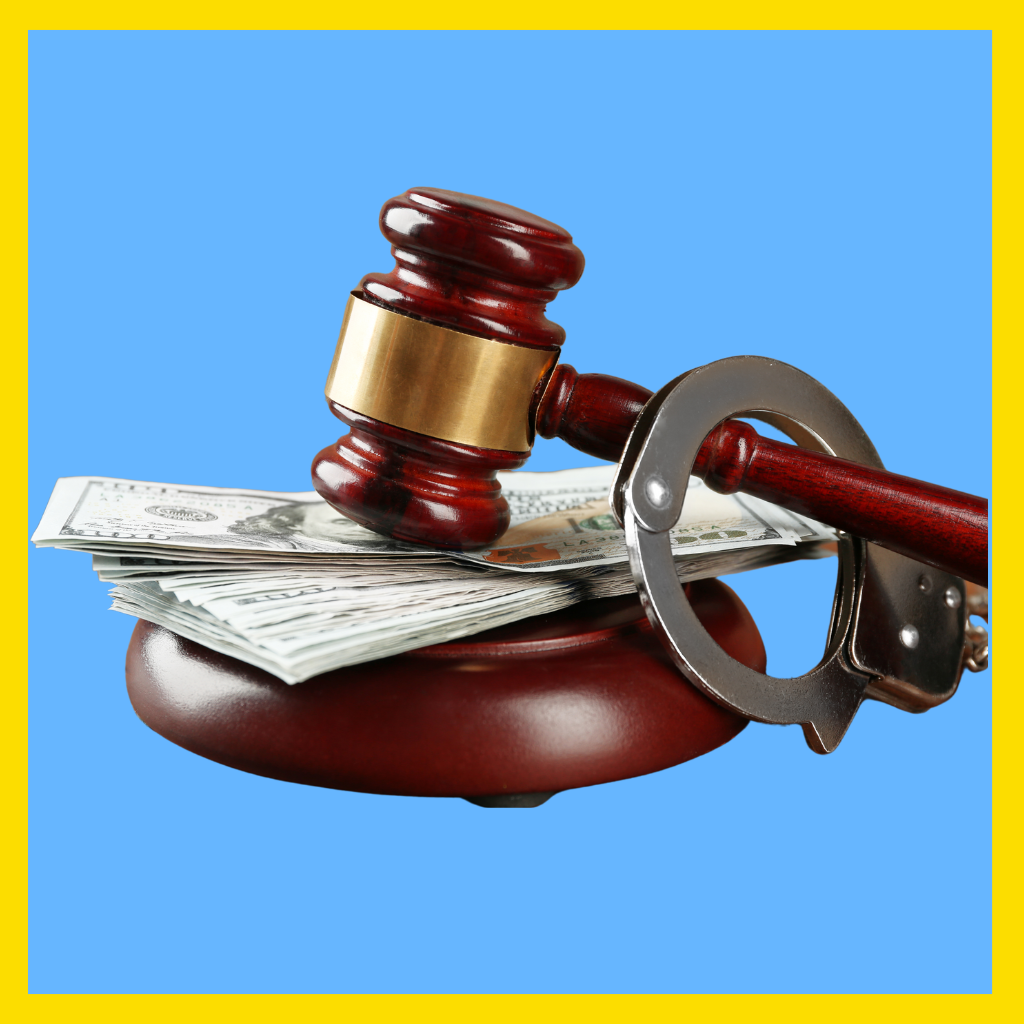 Judge's gavel, handcuffs and cash representing bail money in Massachusetts.