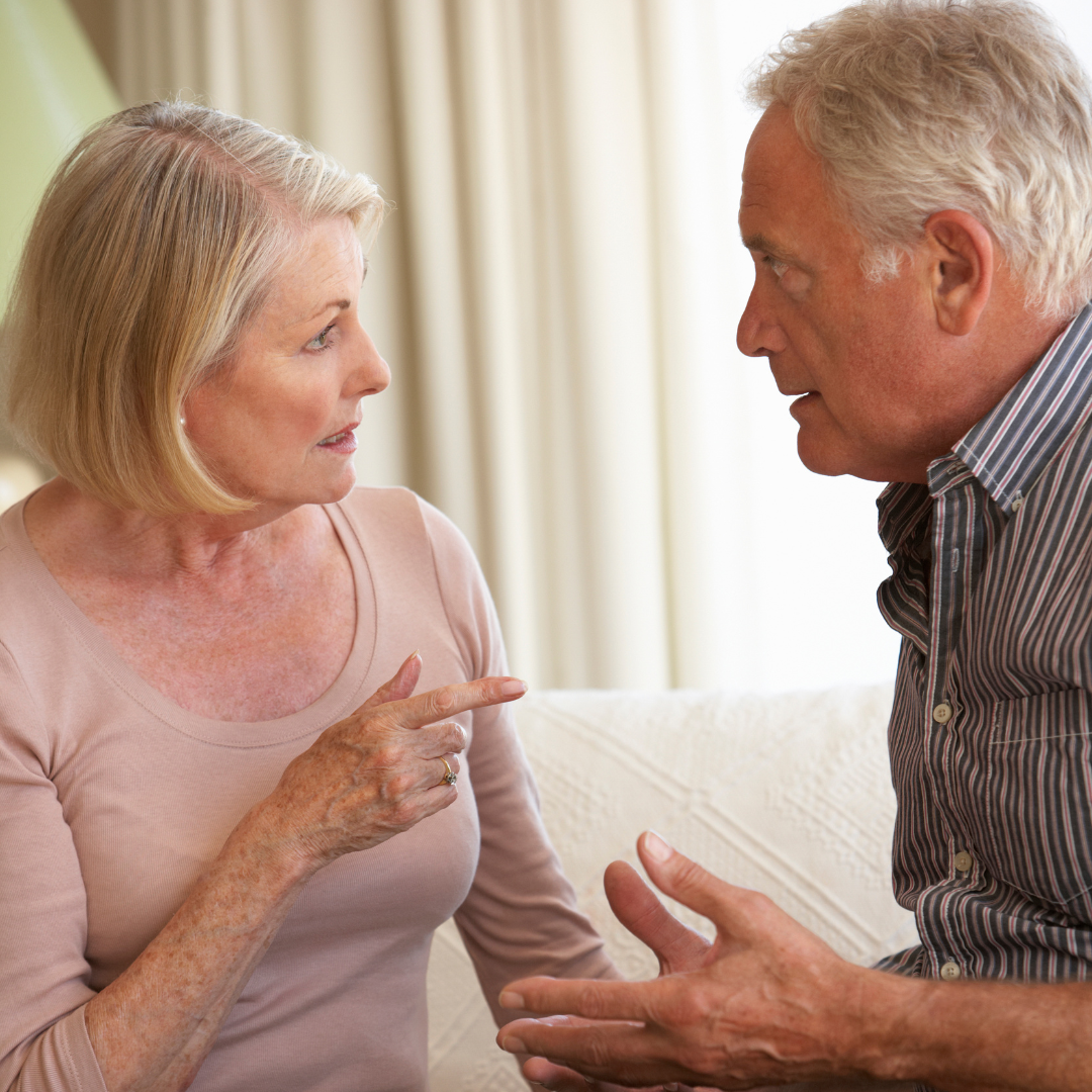 Older couple talking about divorce in Massachusetts