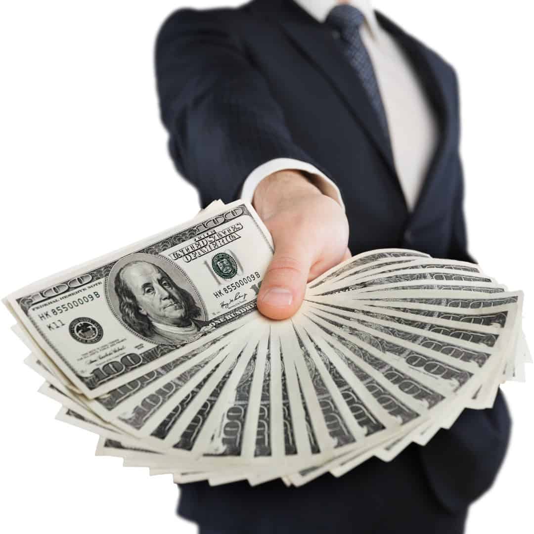 Resources 9 Massachusetts legal services - A man in a suit holding a fan of hundred-dollar bills, symbolizing financial settlement or compensat.